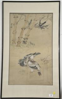 Oriental framed and matted watercolor on silk of pigeons amongst