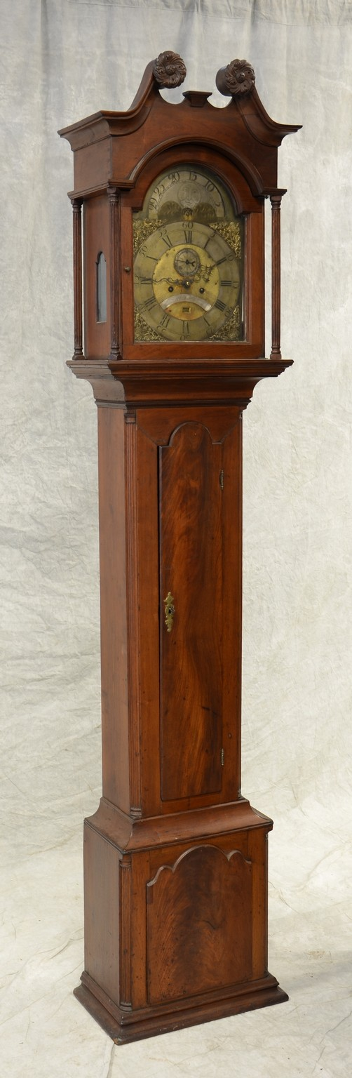 Walnut Chippendale Joseph Wills tall case clock silvered brass moon