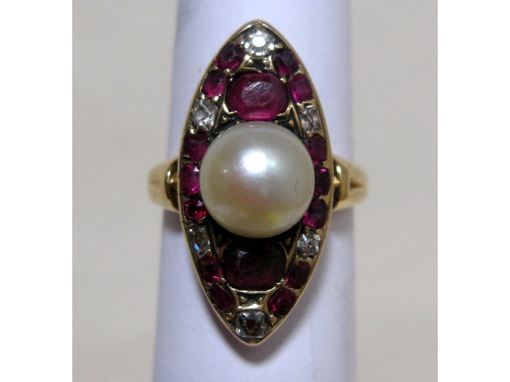 Victorian gold ruby diamond and pearl set marquise ring