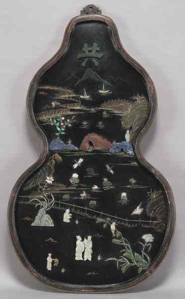 Chinese jade and lapis mounted rosewood screendepicting figures in a