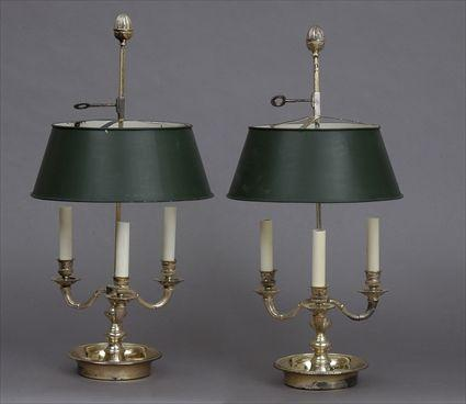 PAIR OF DIRECTOIRE STYLE SILVERED METAL BOULIOTTE LAMPS Each knopped