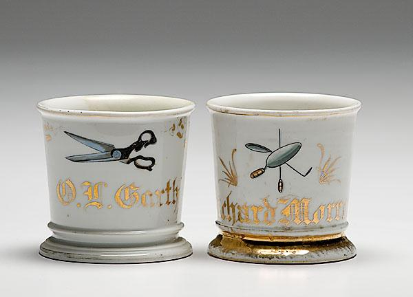 TWO OCCUPATIONAL SHAVING MUGS LEATHER WORKER AND MASON porcelain mugs