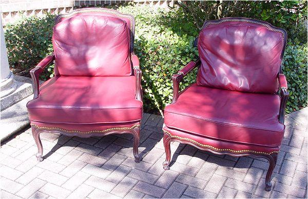 PAIR CONTEMPORARY RED LEATHER BERGERE CHAIRS Dark mahogany wood frame