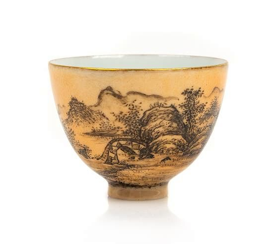 An Apricot Yellow Ground Grisaille Porcelain Wine Cup Diameter 2