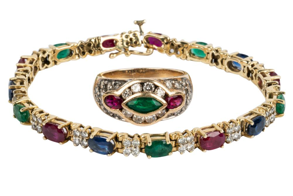 SUITE OF 14 KARAT YELLOW GOLD DIAMOND MULTI GEM JEWELRYthe