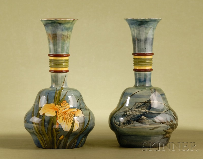 Pair of Doulton Lambeth Faience Glaze Pottery Mantel Vases c
