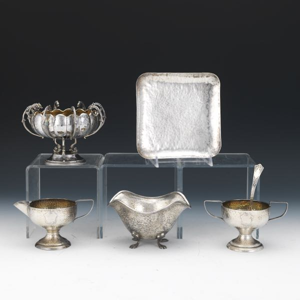 SIX STERLING SILVER HAND HAMMERED TABLE ARTICLES BY VARIOUS MAKERS