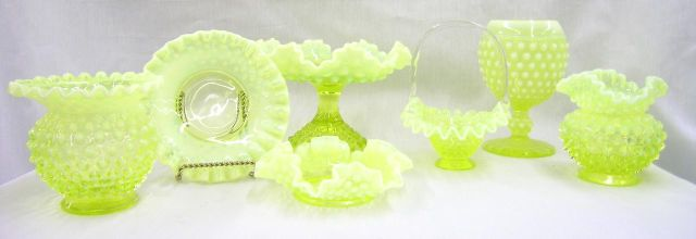 Lot of Victorian Vaseline glass including 5 tall pedestal open