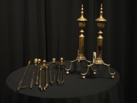 PAIR AMERICAN FEDERAL STYLE ANDIRONS Together with six assorted fireplace