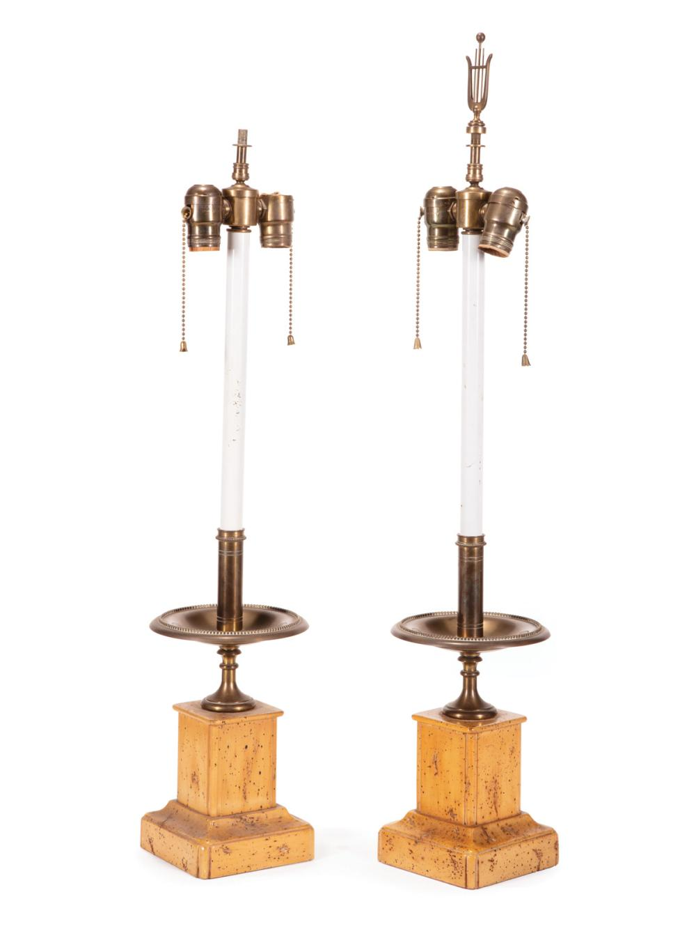 Pair of Decorative Brass Lamps beaded standards stepped wood pedestal