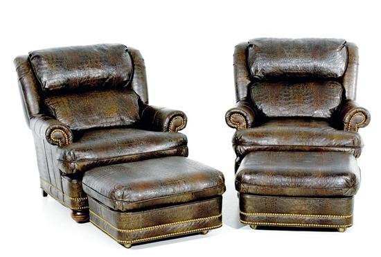 Pair leather faux alligator club chairs with ottomans topnailed with