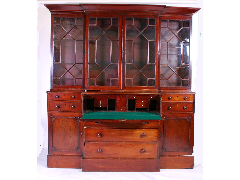 IMPRESSIVE VICTORIAN MAHOGANY SECRETAIRE BREAKFRONT BOOKCASE the moulded cornice a
