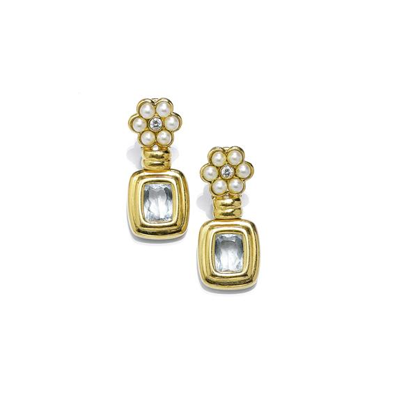 GOLD AQUAMARINE PEARL AND DIAMOND EAR PENDANTS Yellow gold 750