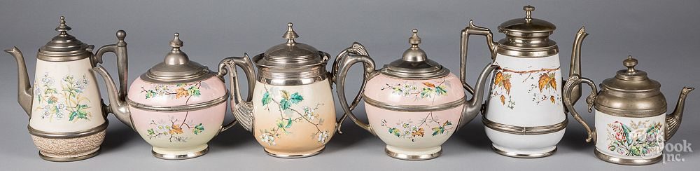 Six graniteware tea and coffee pots Six graniteware tea and