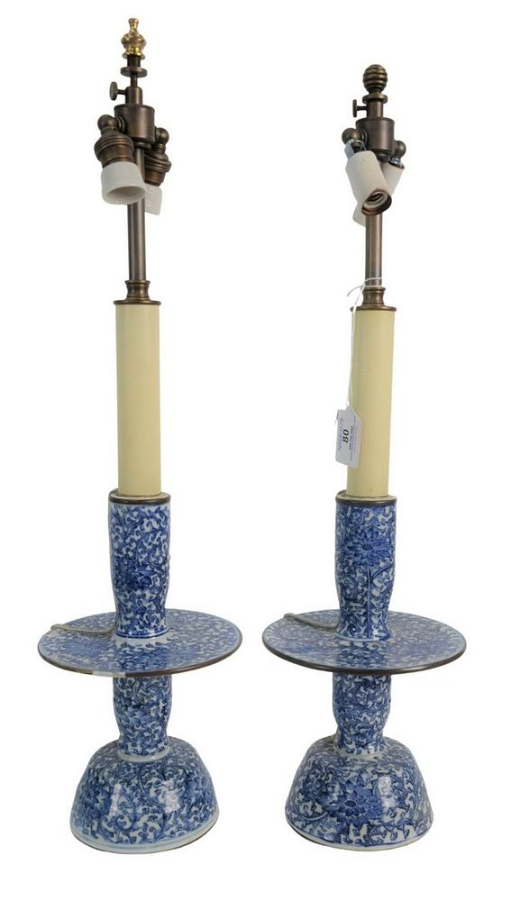 Pair of Chinese Blue and White Porcelain Candlesticks made into