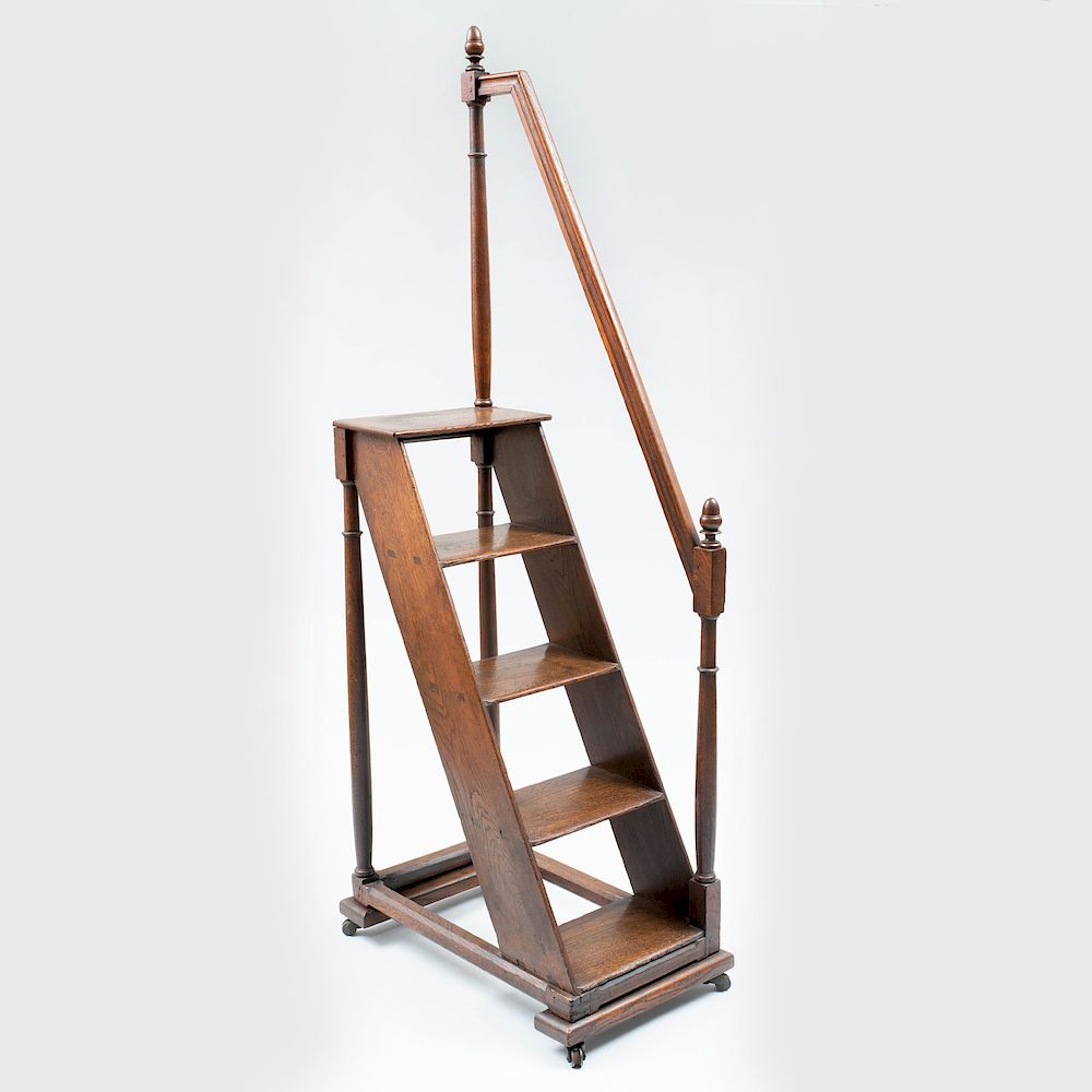 English Oak Library Ladder Raised on casters 76 x 17