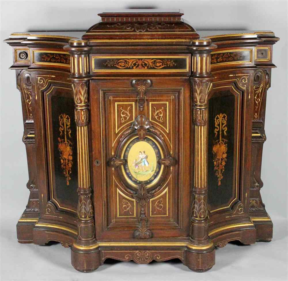 AMERICAN RENAISSANCE REVIVAL GILDED INLAID PORCELAIN INSET SIDE CABINET possibly