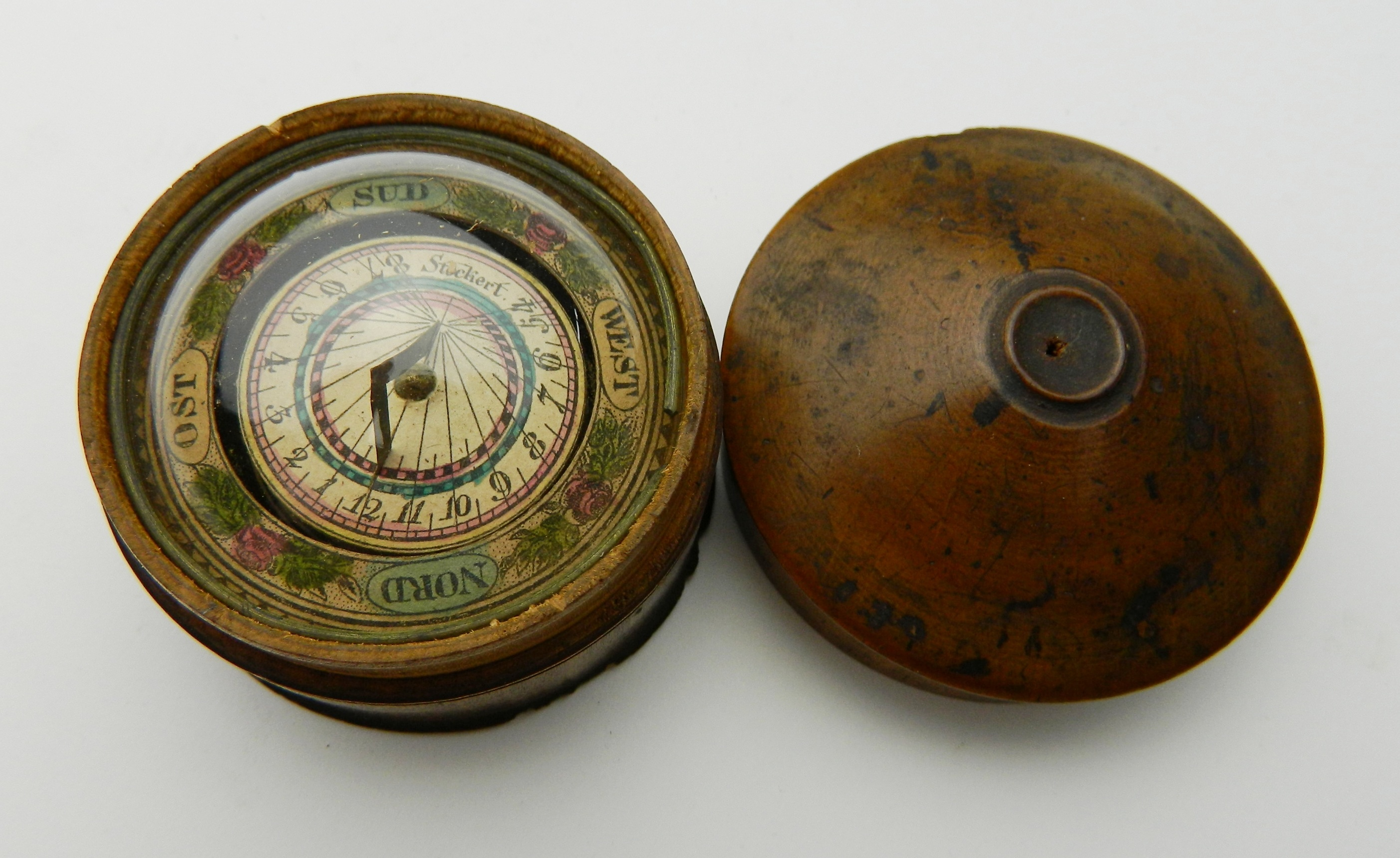 Stockert German fruitwood cased floating gnomon horizontal compass sundial signed