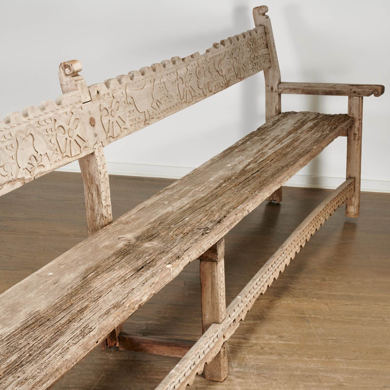 VERY LARGE CONTINENTAL CARVED PINE SETTLE 19th c likely Tyrolean