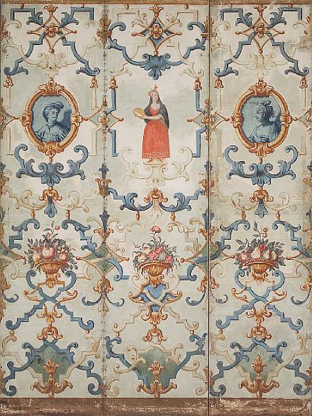 A Louis XV paint decorated three panel floor screen mid