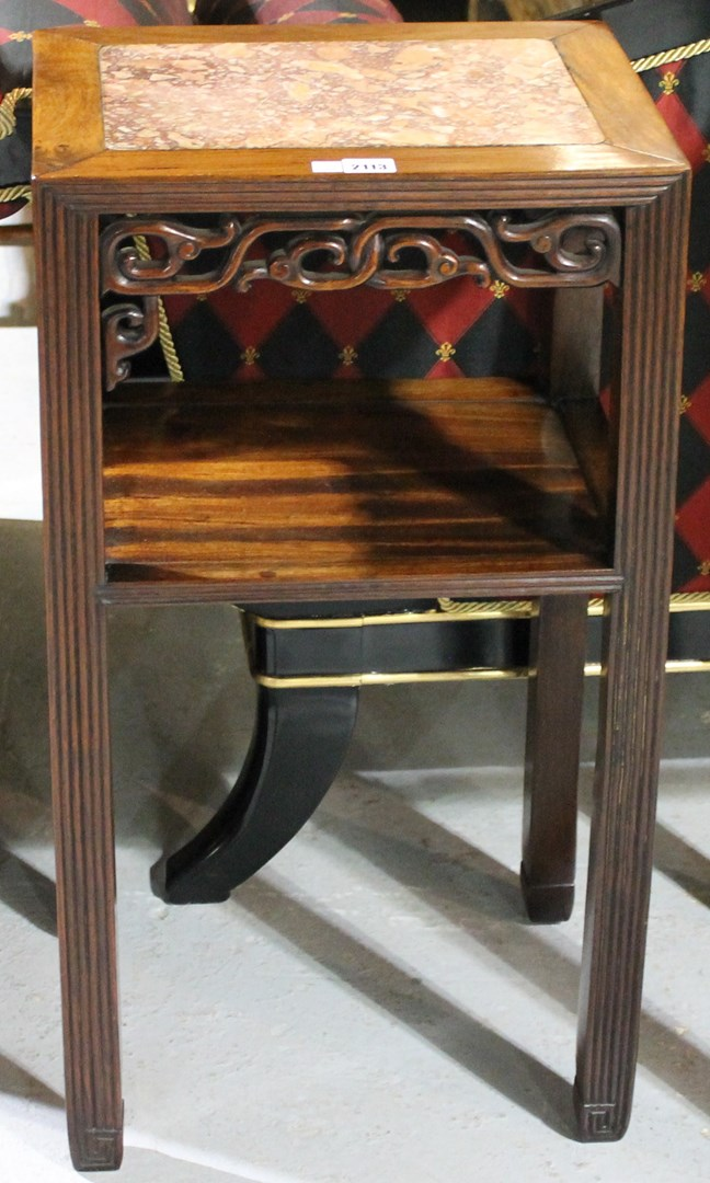 A pair of late 19th century marble topped rectangular hardwood