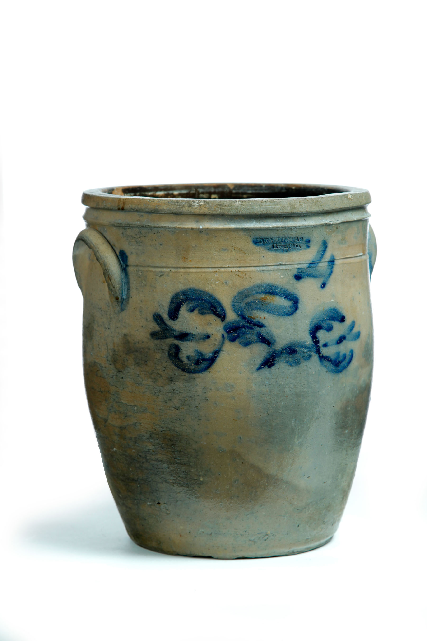 DECORATED STONEWARE CROCK Marked for Henry Thomas Akron Ohio mid