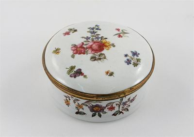 A large Bilston enamel circular box with metal mounted hinged