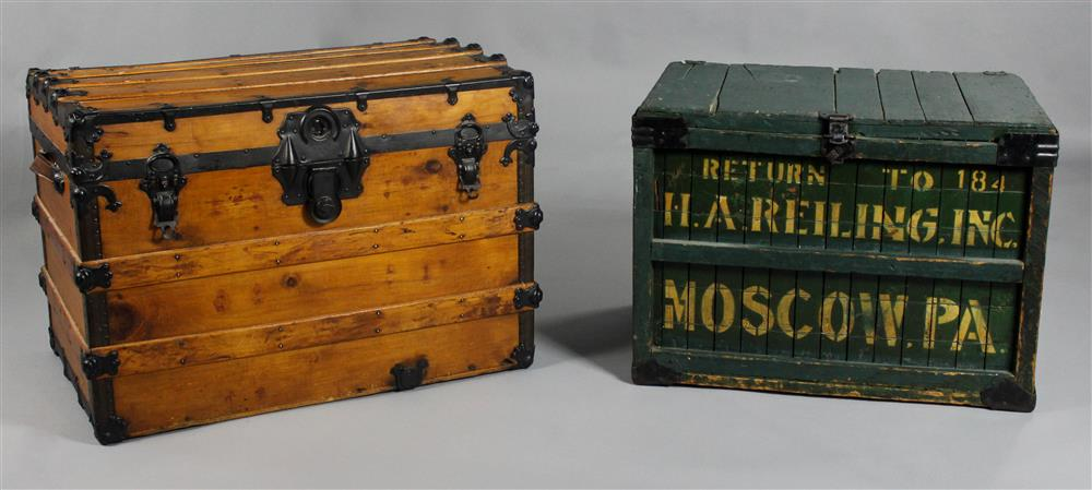 TWO TRUNKS INCLUDING A POLYCHROME PINE SLAT DELIVERY TRUNK AND