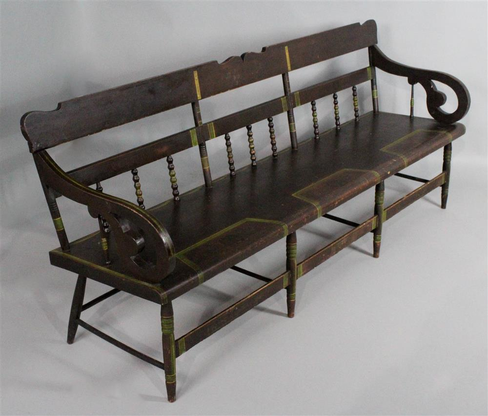 LARGE SHERATON PAINTED PINE HALF SPINDLE WINDSOR SETTEE WITH DEEP