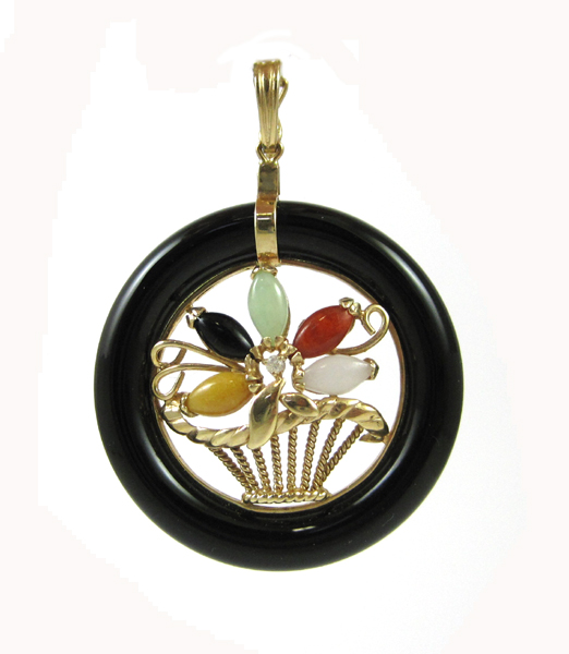 BLACK ONYX AND MULTI COLOR JADE PENDANT The 14k yellow