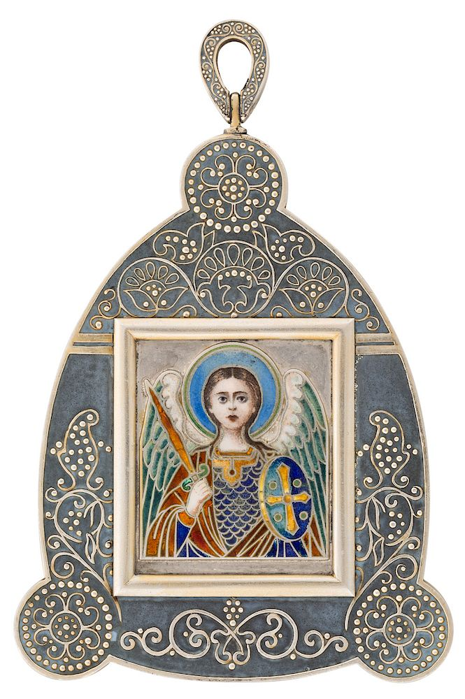 A FABERGE PARCEL GILT SILVER PENDANT ICON OF A GUARDIAN