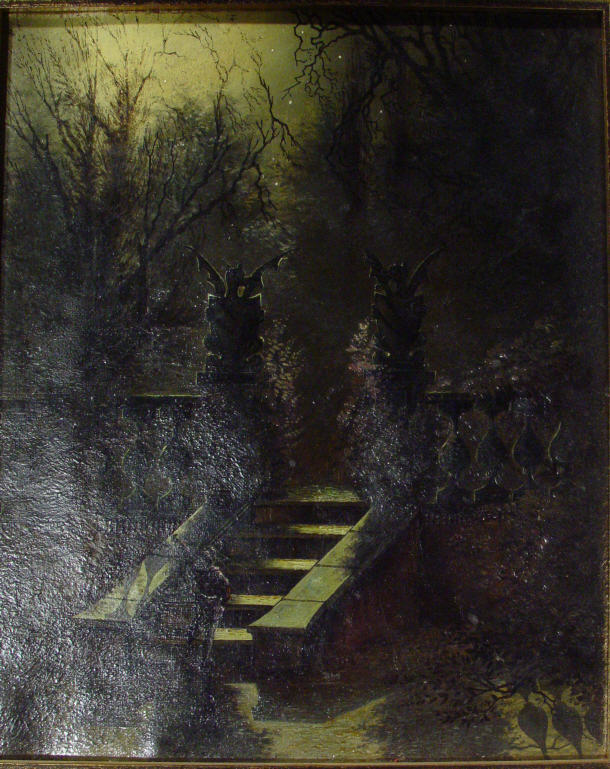 Unsigned oil onto canvas of figures climbing steps in a