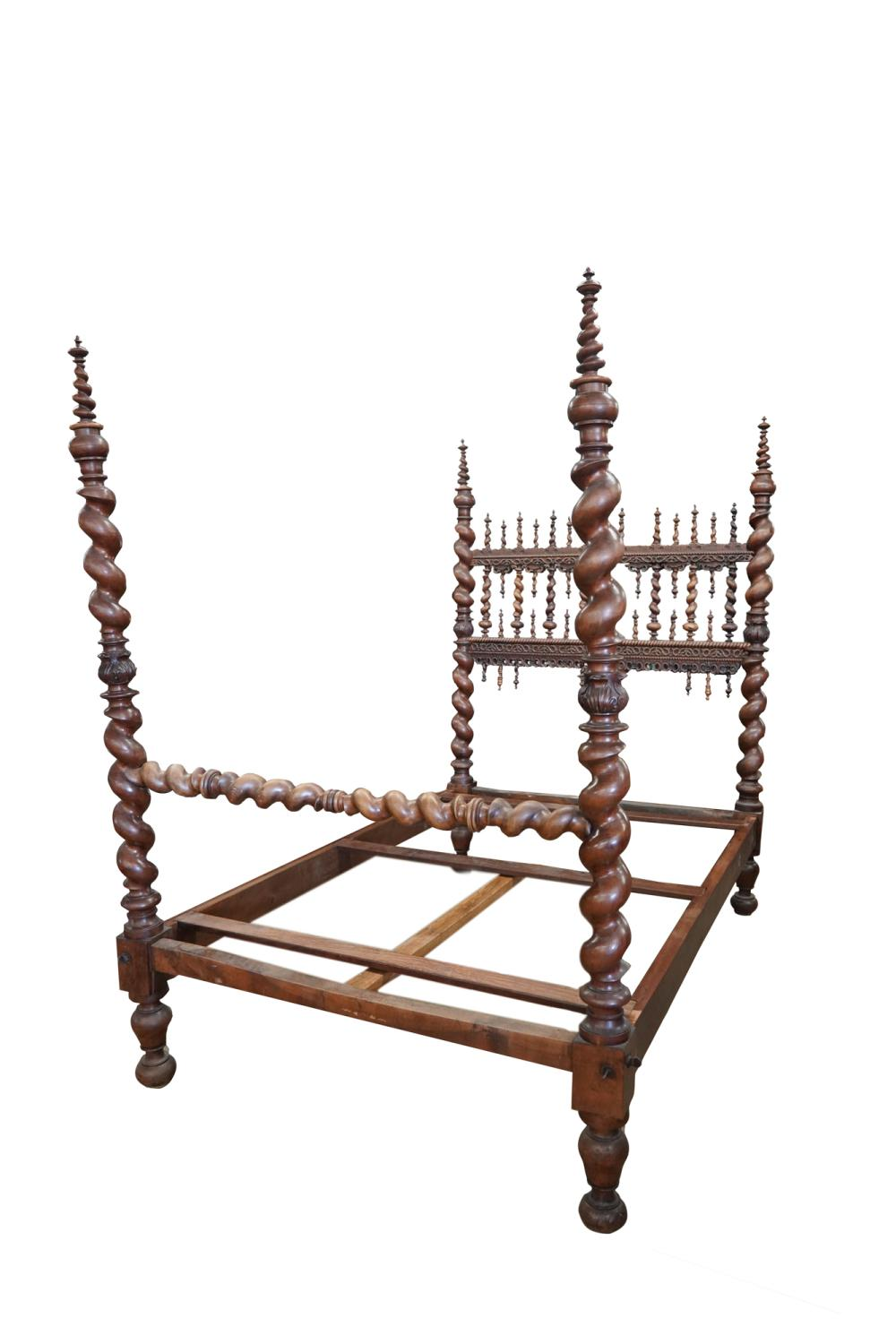 TURNED CARVED WOOD BEDCondition the headboard missing three of the