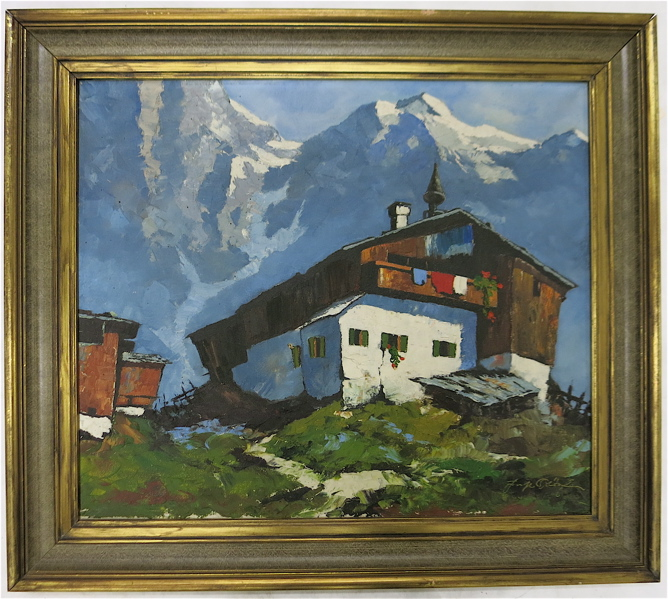 CABIN IN THE ALPS OIL ON CANVAS circa 1950 s