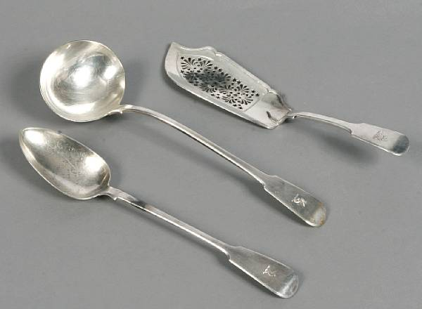 A group of six English silver serving pieces Comprising three
