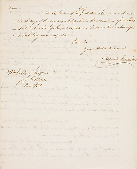 HAMILTON ALEXANDER Letter Signed as Secretary of the Treasury to