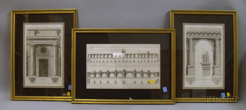 Three Framed Architectural Engraved Book Plates depicting London Bridge Doric