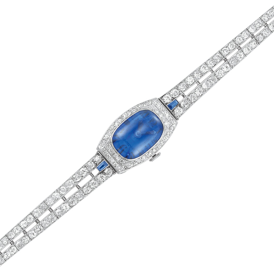6 Platinum Cabochon Sapphire Sapphire and Diamond Bracelet Watch Centering
