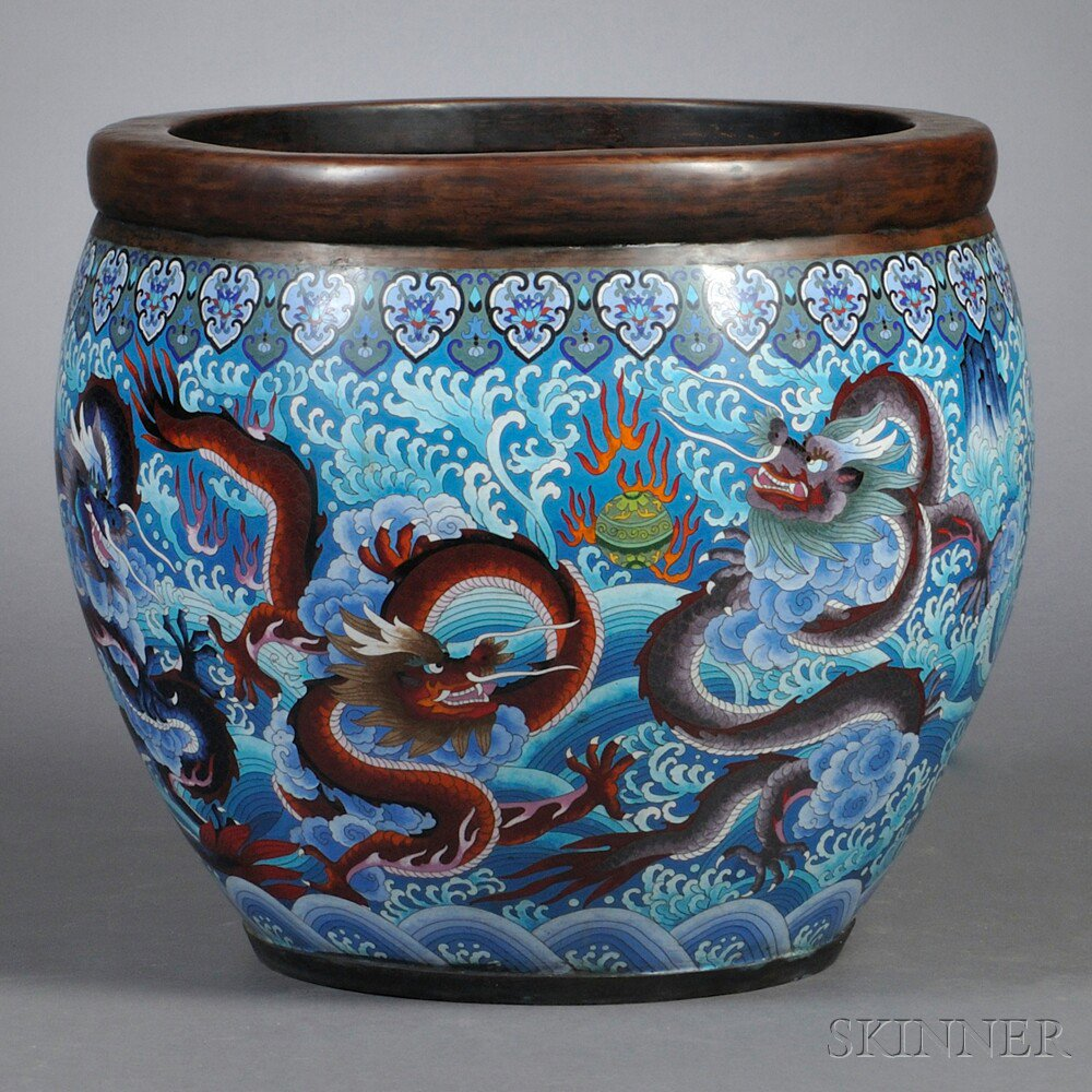 Cloisonne Jardiniere China 19th century decorated with dragons chasing flaming