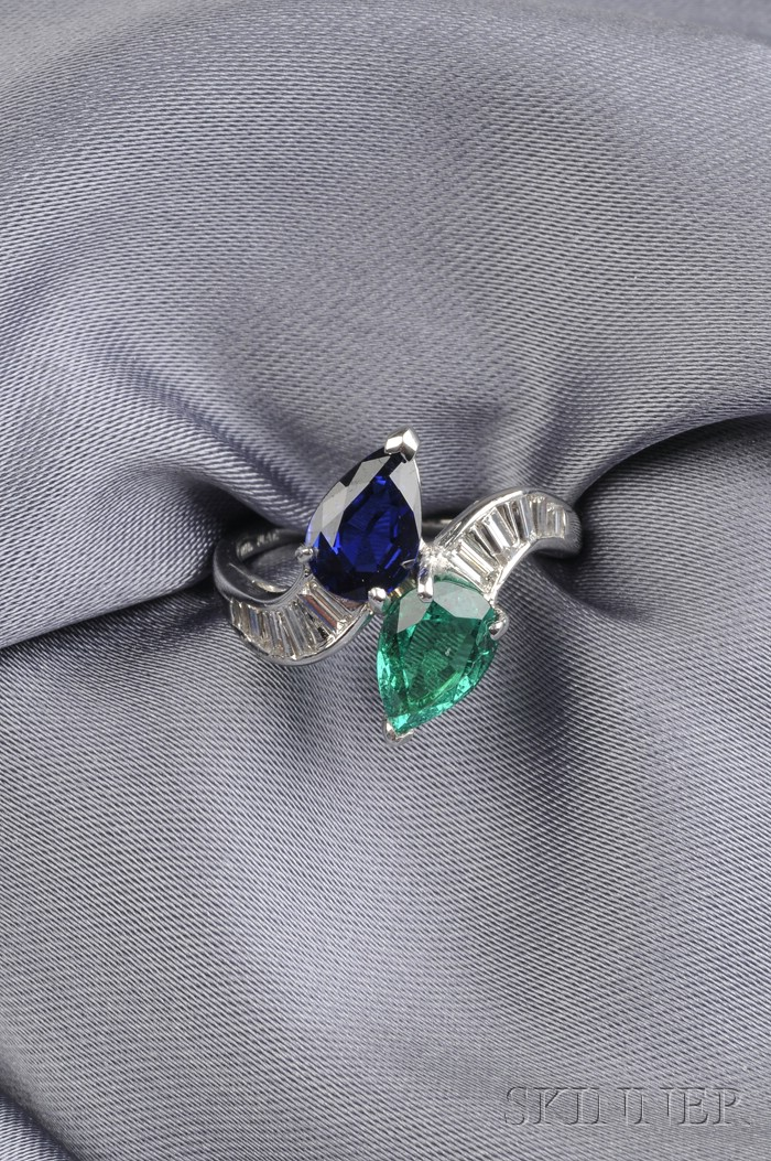 Platinum Sapphire Emerald and Diamond Bypass Ring set with a