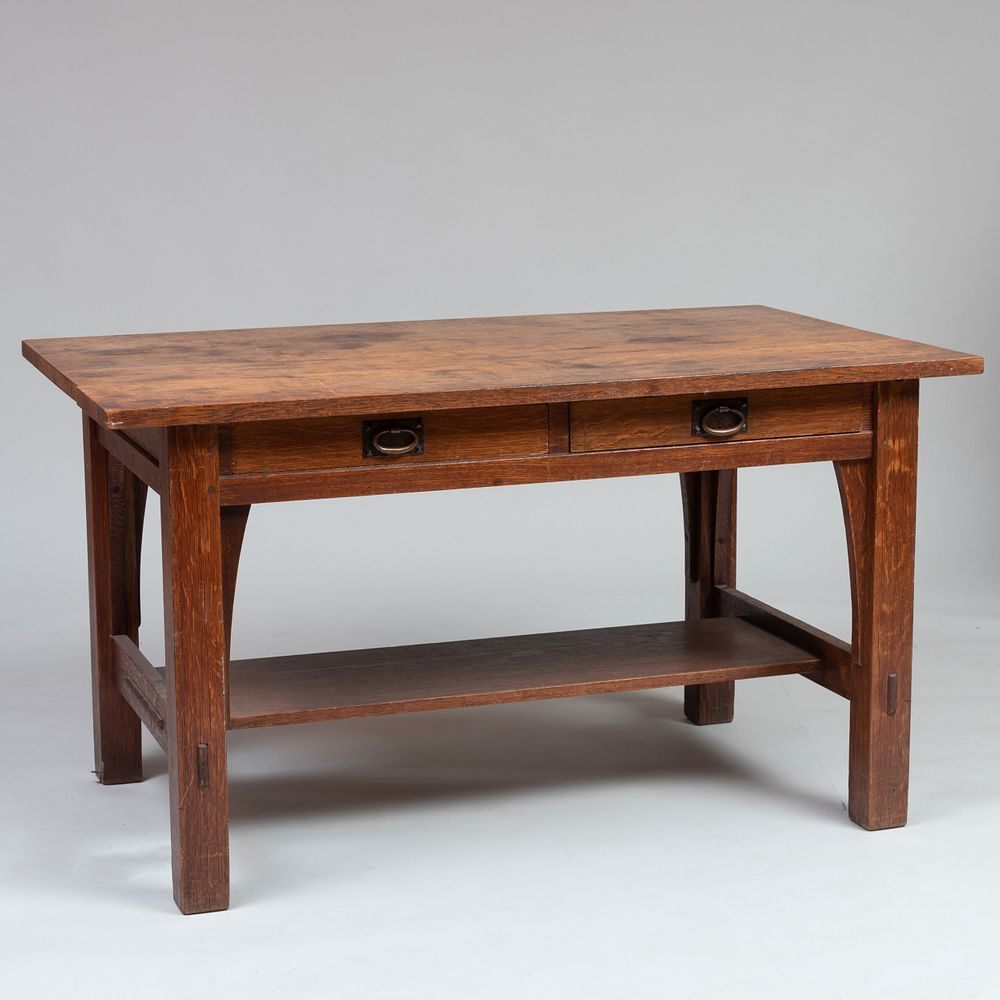 Gustav Stickley Oak Library Table Stamped Gustav Stickley Fitted with