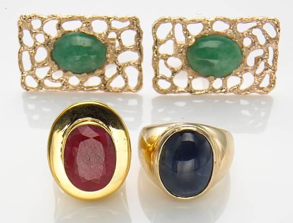 A collection of ruby sapphire jade 14k 10k gold and