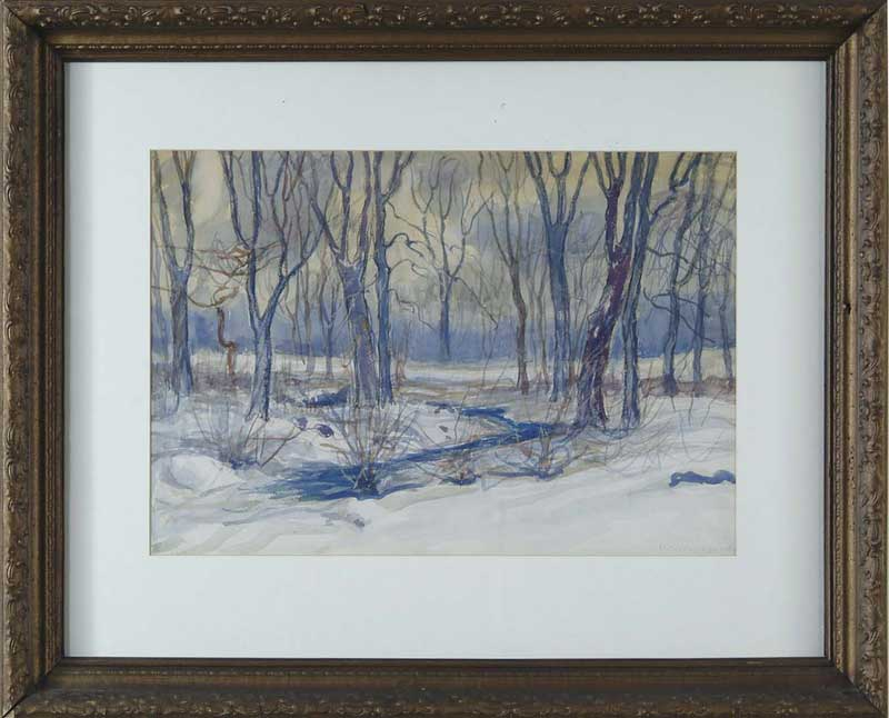 ROBERT C WOODBERRY American 1874 WINTER LANDSCAPE Watercolor winter scene