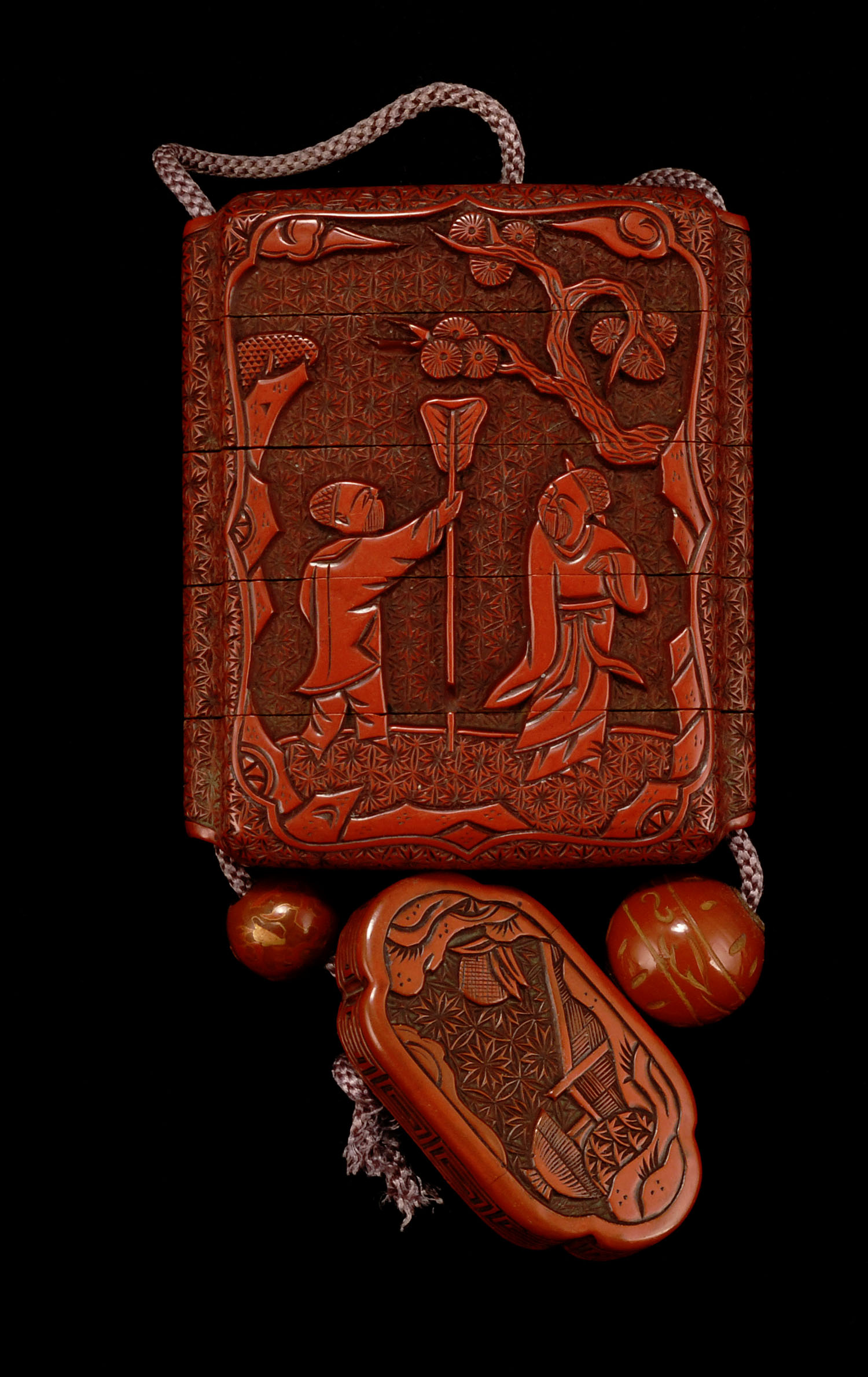 FOUR CASE TSUISHU LACQUER INRO 19th CenturyWith relief figural design