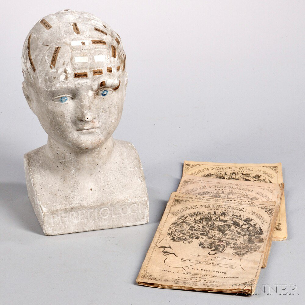 Plaster Phrenology Head by L N Fowler and Three Phrenological