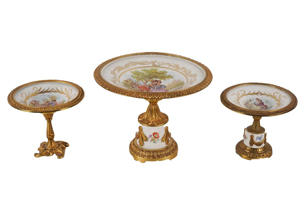 THREE SEVRES STYLE PORCELAIN TAZZAStwo with Sevres style mark further