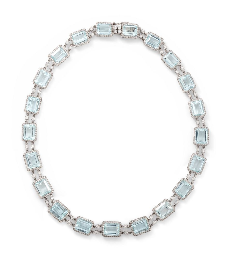 AQUAMARINE AND DIAMOND NECKLACE AQUAMARINE AND DIAMOND NECKLACE Containing 21
