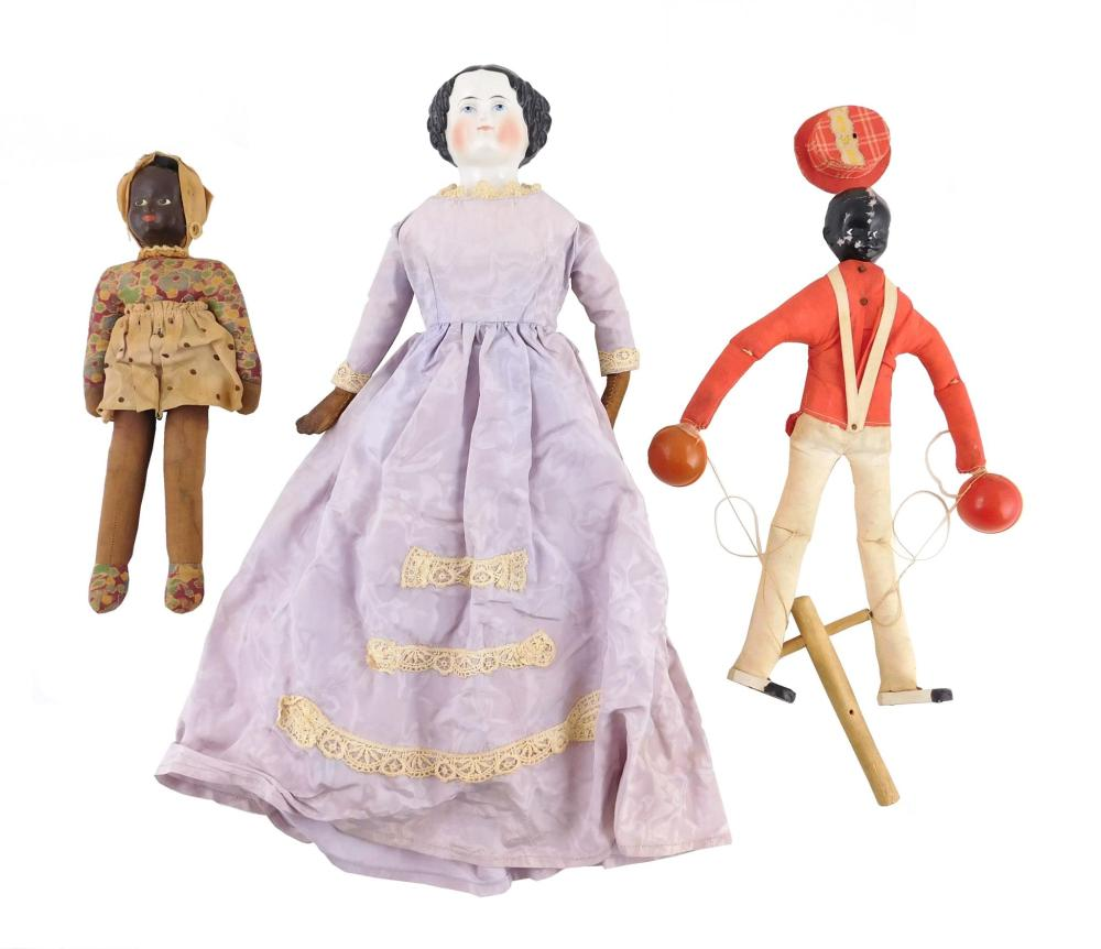 Dolls Three 19th C dolls low brow china head doll