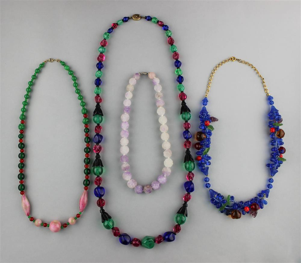 THREE ITALIAN GLASS NECKLACES AND A CARVED BEADED NECKLACE 4