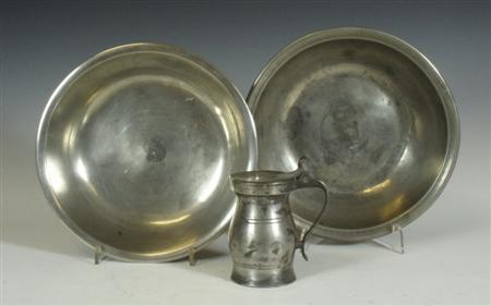 A Scottish pewter measure and two bowls the measure of